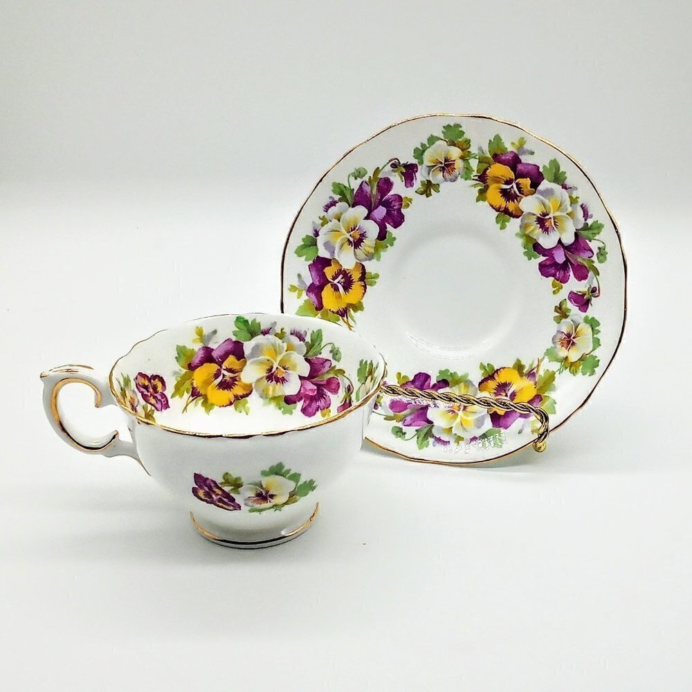 Vintage Crown Staffordshire Fine Bone China Pansy Porcelain Cup & Saucer